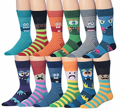 Fiallo Mens 12 Pairs Funny Faces Striped Colorful Crew Socks