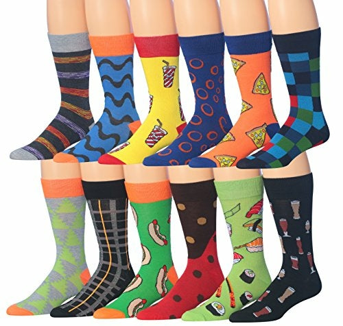 Fiallo Mens 12 Pairs Funny Faces Striped Colorful Crew Socks