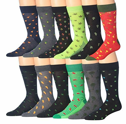Fiallo Mens 12 Pairs Funny Faces Striped Colorful Crew Socks