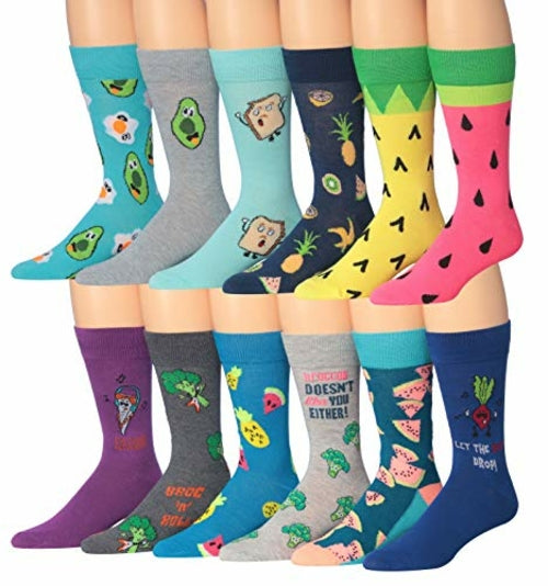 Fiallo Mens 12 Pairs Funny Faces Striped Colorful Crew Socks