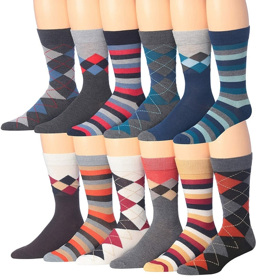Fiallo Mens 12 Pairs Funny Faces Striped Colorful Crew Socks