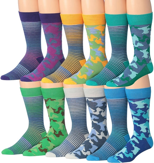 Fiallo Mens 12 Pairs Funny Faces Striped Colorful Crew Socks