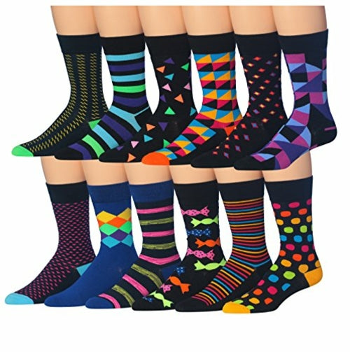 Fiallo Mens 12 Pairs Funny Faces Striped Colorful Crew Socks