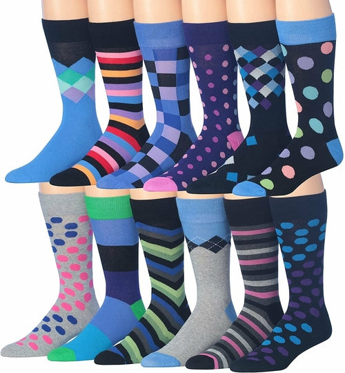 Fiallo Mens 12 Pairs Funny Faces Striped Colorful Crew Socks
