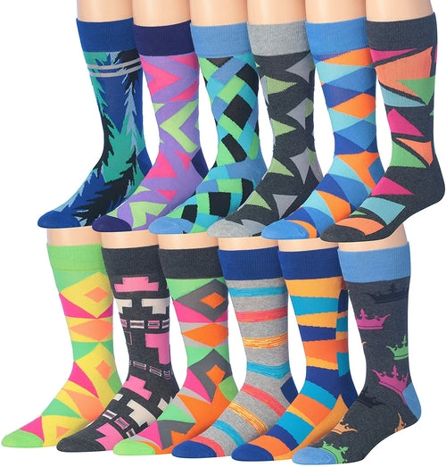 Fiallo Mens 12 Pairs Funny Faces Striped Colorful Crew Socks
