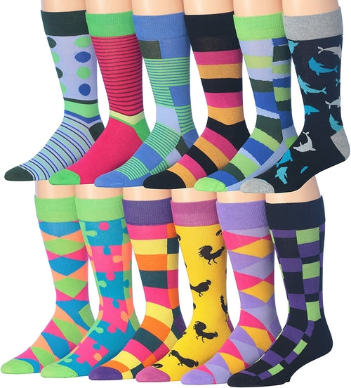 Fiallo Mens 12 Pairs Funny Faces Striped Colorful Crew Socks
