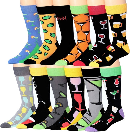 Fiallo Mens 12 Pairs Funny Faces Striped Colorful Crew Socks