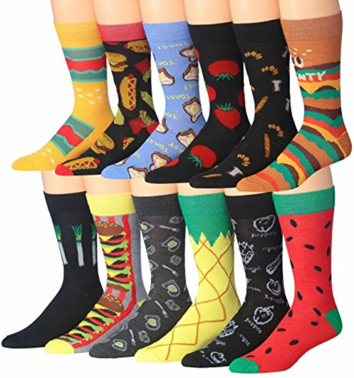 Fiallo Mens 12 Pairs Funny Faces Striped Colorful Crew Socks