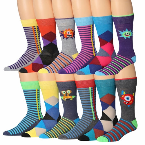 Fiallo Mens 12 Pairs Funny Faces Striped Colorful Crew Socks