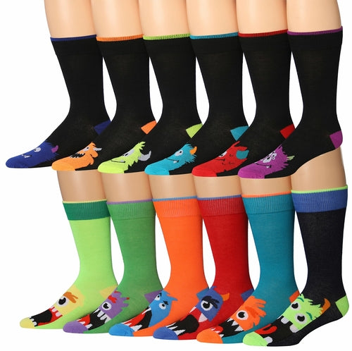 Fiallo Mens 12 Pairs Funny Faces Striped Colorful Crew Socks