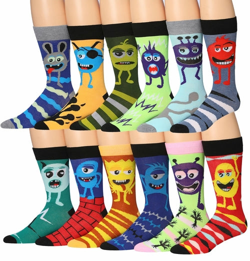 Fiallo Mens 12 Pairs Funny Faces Striped Colorful Crew Socks