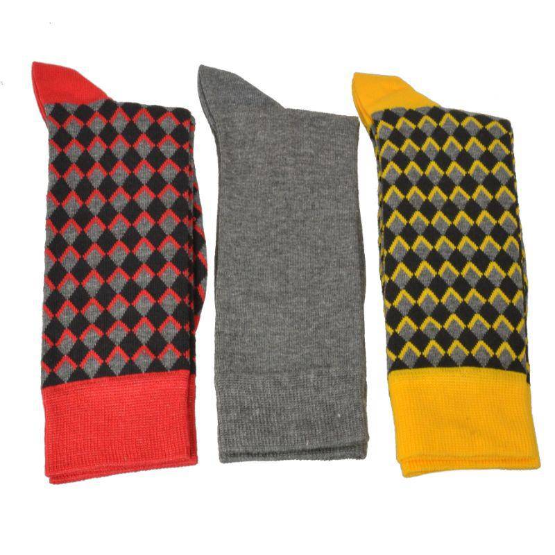 Men's Combed Cotton Crew Socks - Diamond Pattern 3 Pair Packs