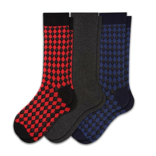 Men's Combed Cotton Crew Socks - Diamond Pattern 3 Pair Packs