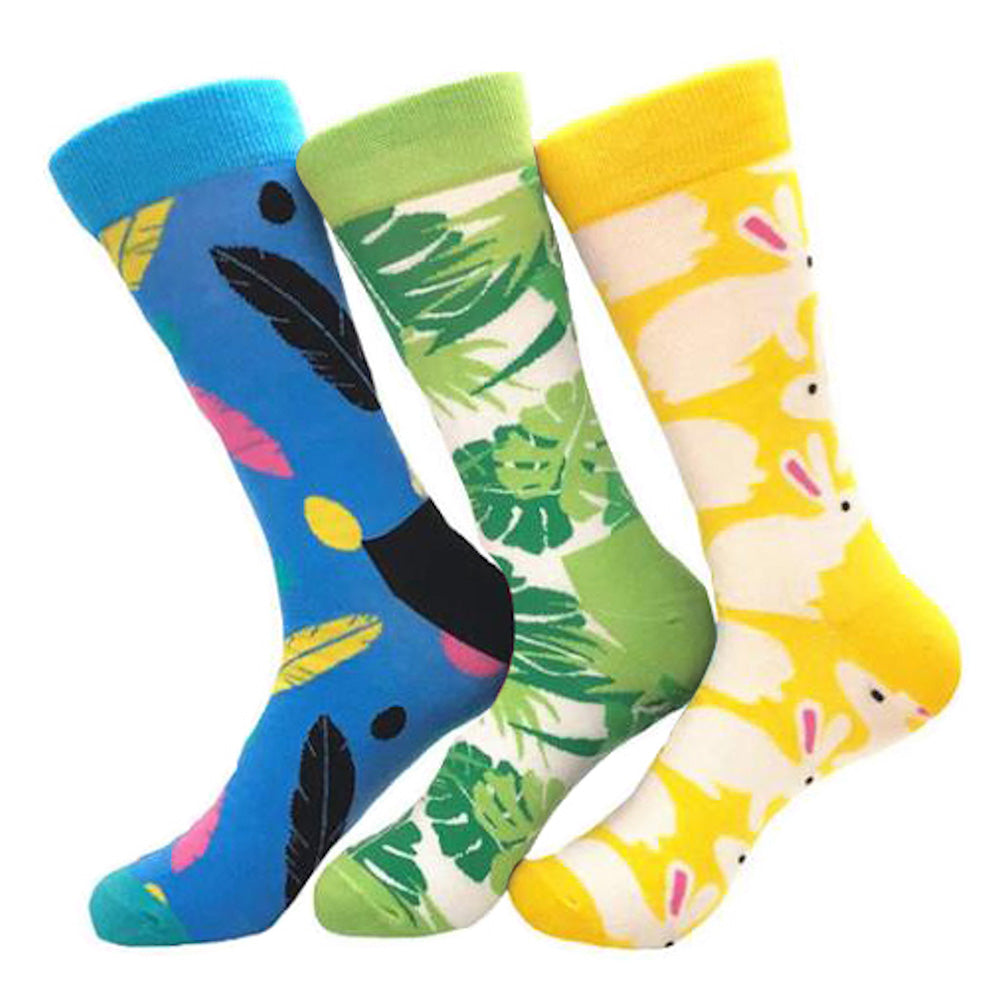 Feather Leaf Rabbit Printed Mens Colorful Crew Socks - Premium Cotton