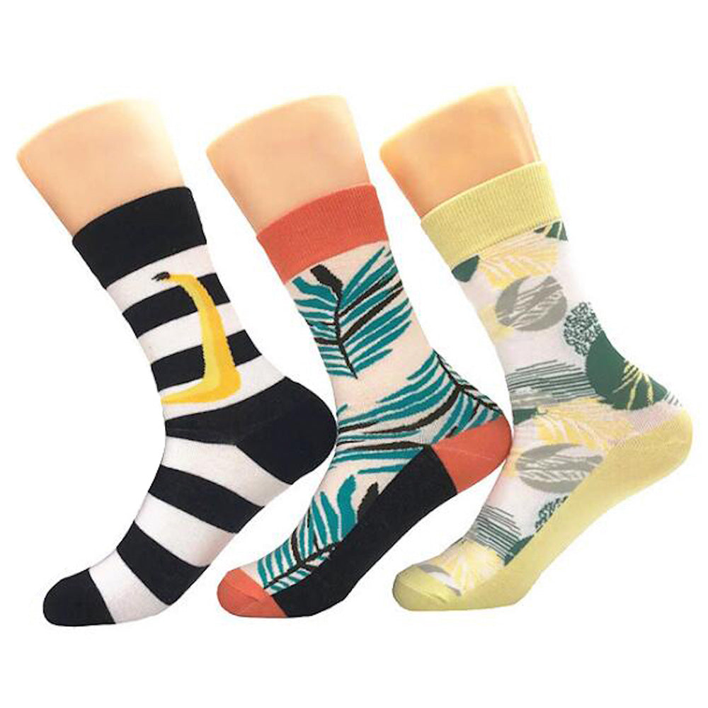 Stripe Leaf Printed  Mens Colorful Crew Socks - Premium Cotton Fun