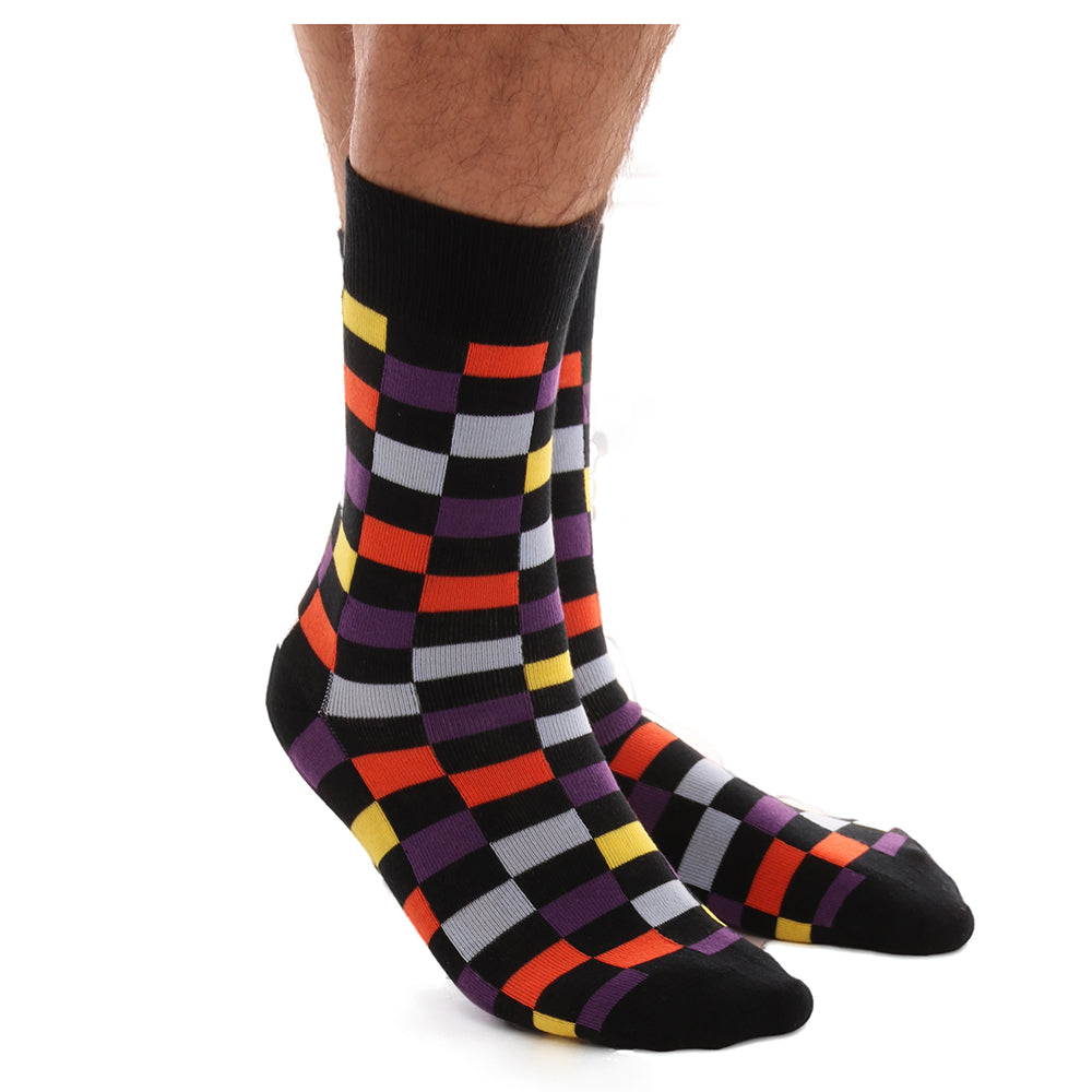 Multi Colored Check Stripe Mens Colorful Crew Socks - Premium Cotton