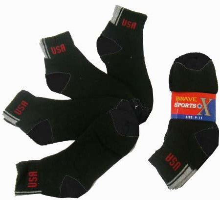 Men's Quarter Sport Socks - Black w/USA, 9-11, 4 Pack