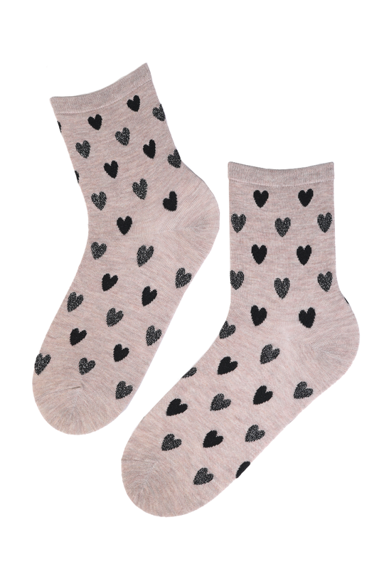 SIGNE beige cotton socks with shiny hearts