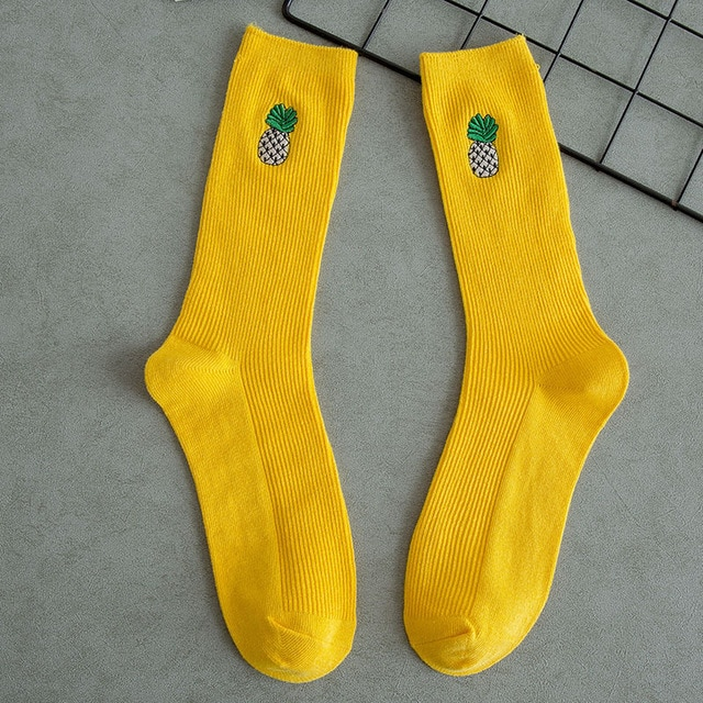 Pineapple Embroidery Yellow Socks
